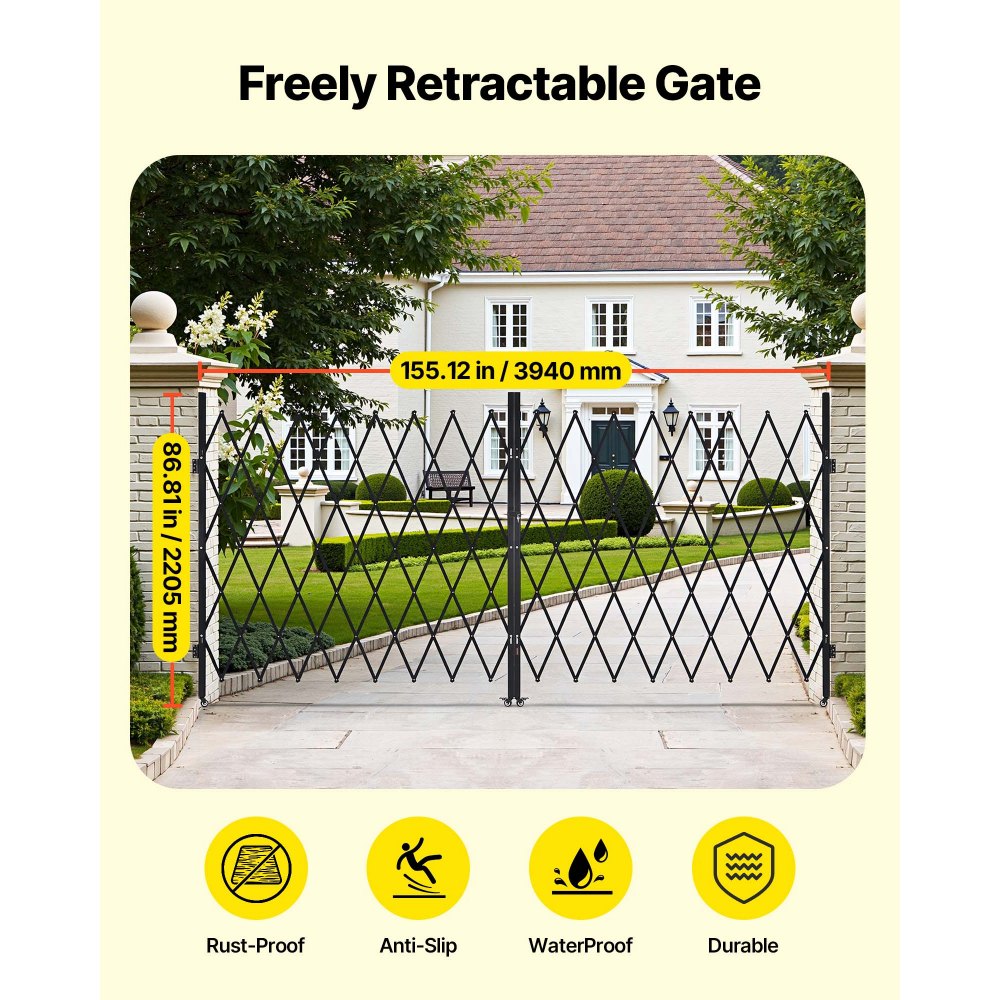 VEVOR Double Folding Security Gate, Lockable Scissor Gate with 360° Swivel Casters, Outdoor Barricade Steel Retractable Gates, for Entry Security, Garage, Warehouse & Pool, 3940 x 2205 mm (W x H)