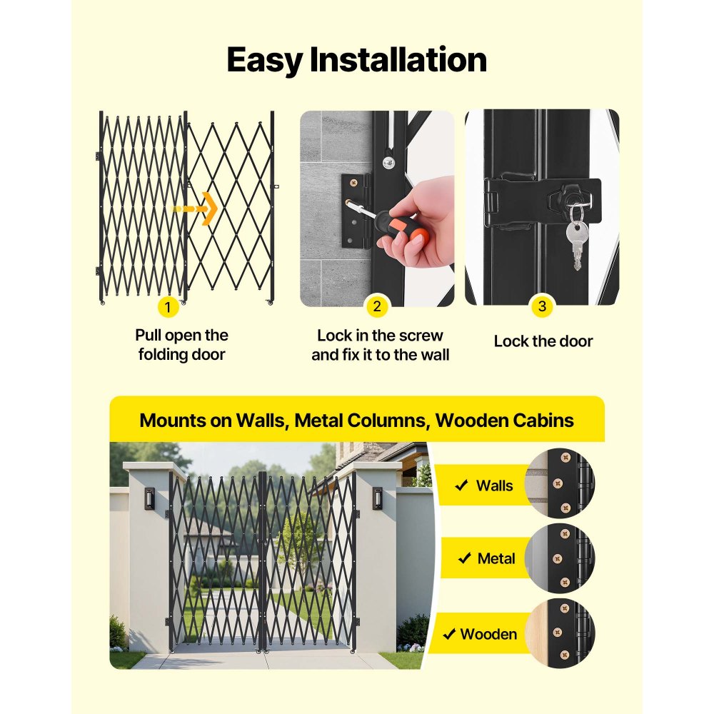 VEVOR Double Folding Security Gate, Lockable Scissor Gate with 360° Swivel Casters, Outdoor Barricade Steel Retractable Gates, for Entry Security, Garage, Warehouse & Pool, 3940 x 2205 mm (W x H)