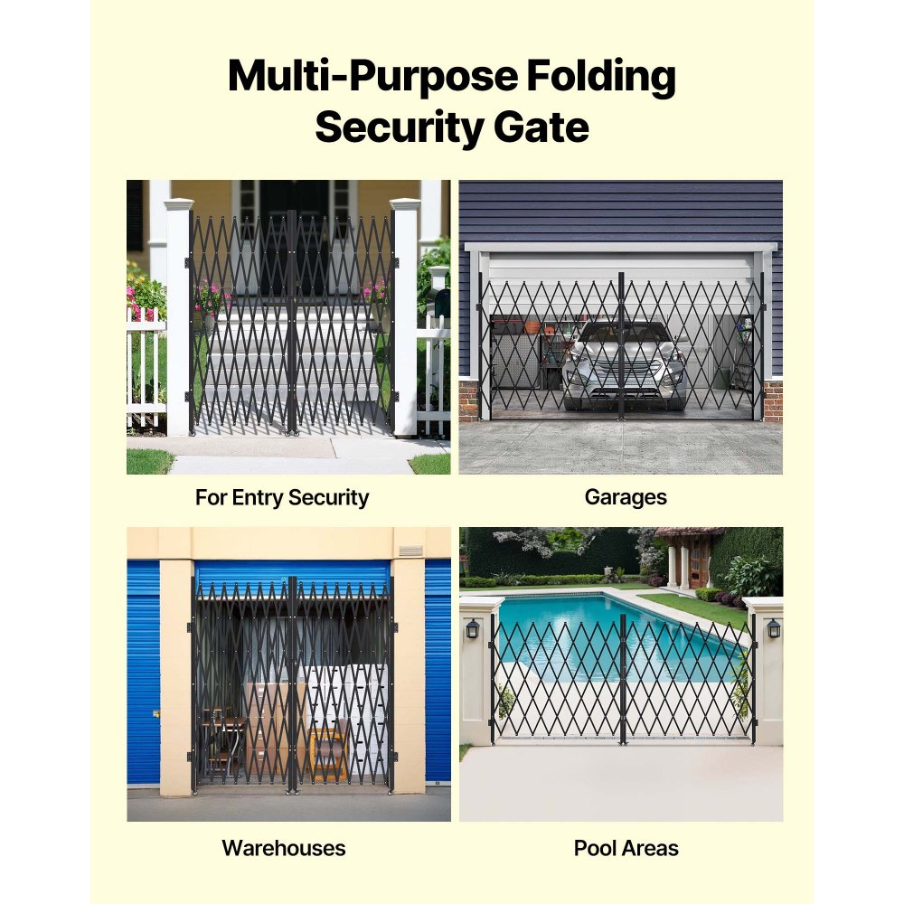 VEVOR Double Folding Security Gate, Lockable Scissor Gate with 360° Swivel Casters, Outdoor Barricade Steel Retractable Gates, for Entry Security, Garage, Warehouse & Pool, 3940 x 2205 mm (W x H)