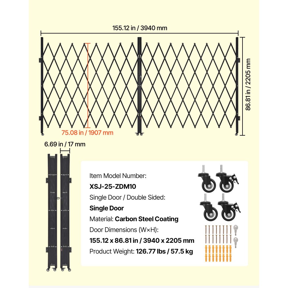 VEVOR Double Folding Security Gate, Lockable Scissor Gate with 360° Swivel Casters, Outdoor Barricade Steel Retractable Gates, for Entry Security, Garage, Warehouse & Pool, 3940 x 2205 mm (W x H)