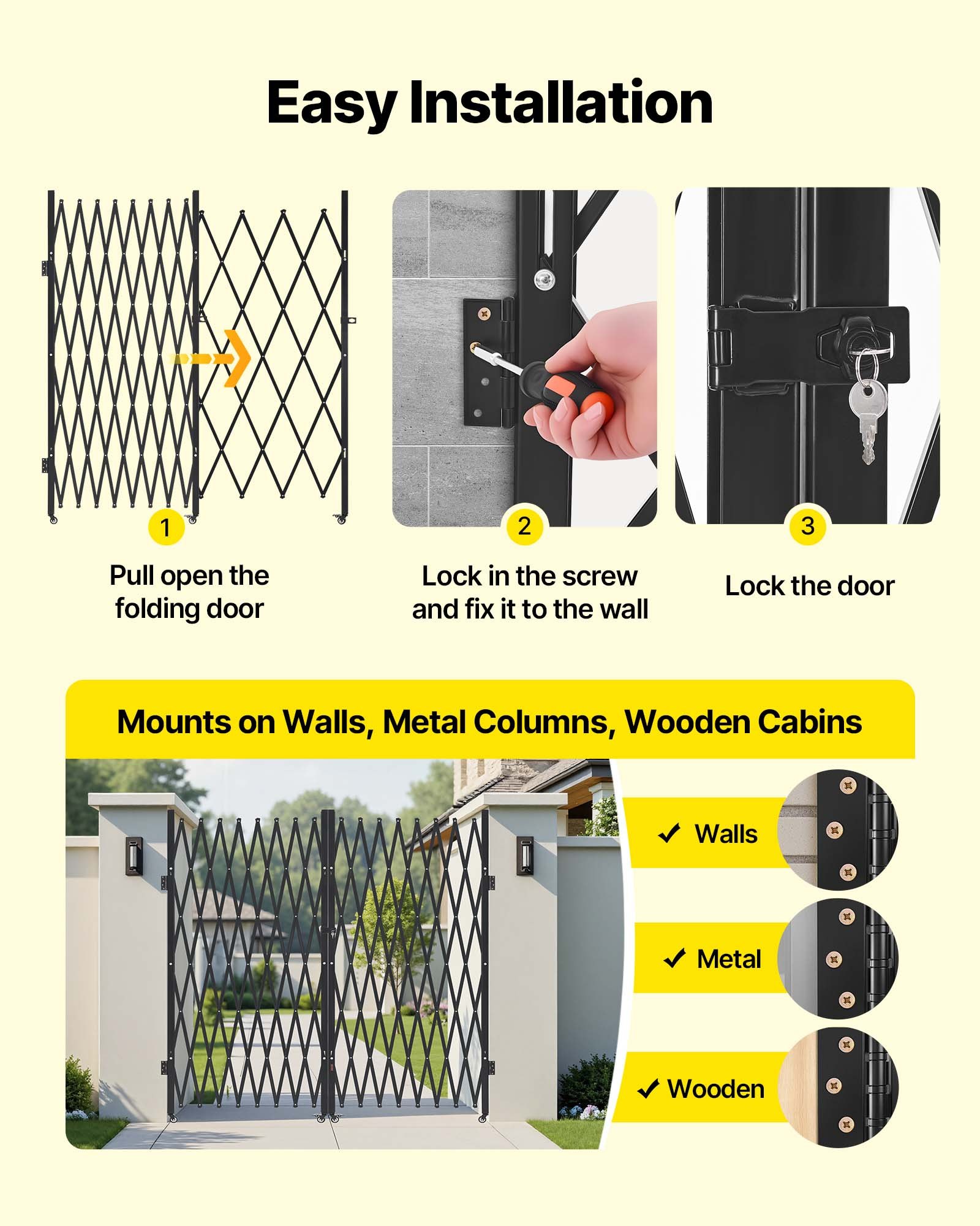 VEVOR Double Folding Security Gate, Lockable Scissor Gate with 360° Swivel Casters, Outdoor Barricade Steel Retractable Gates, for Entry Security, Garage, Warehouse & Pool, 3940 x 2205 mm (W x H)