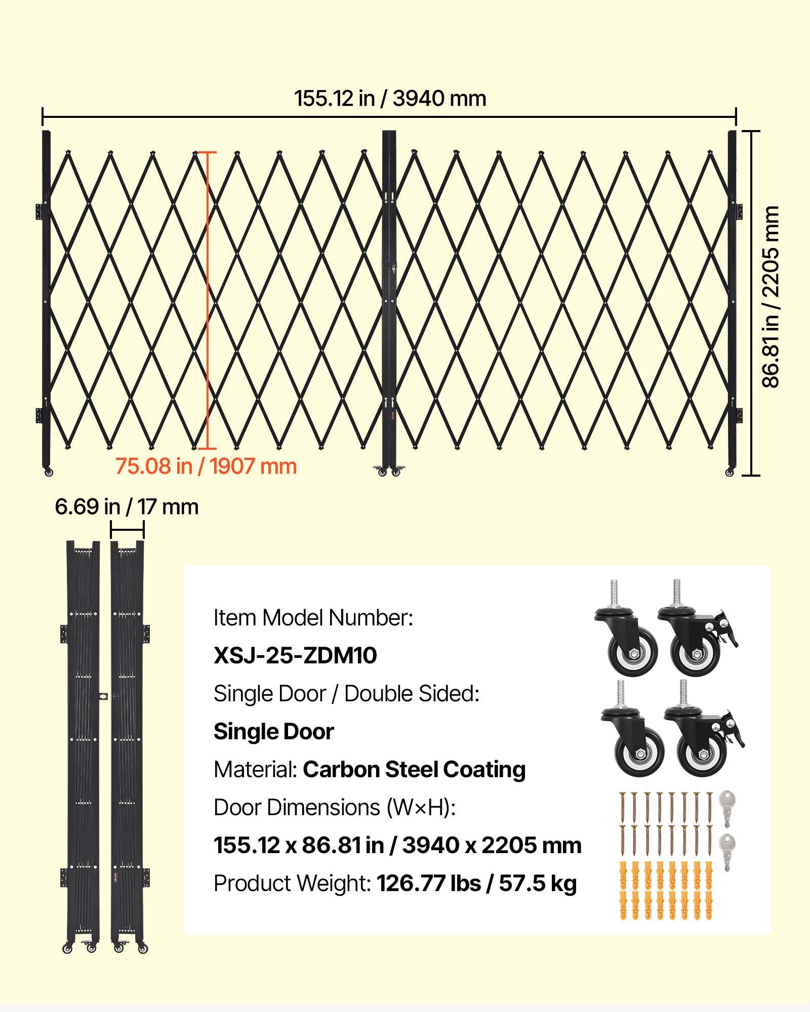 VEVOR Double Folding Security Gate, Lockable Scissor Gate with 360° Swivel Casters, Outdoor Barricade Steel Retractable Gates, for Entry Security, Garage, Warehouse & Pool, 3940 x 2205 mm (W x H)