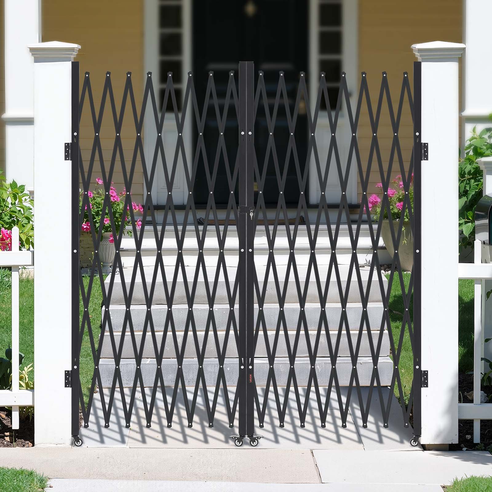 VEVOR Double Folding Security Gate, Lockable Scissor Gate with 360° Swivel Casters, Outdoor Barricade Steel Retractable Gates, for Entry Security, Garage, Warehouse & Pool, 3940 x 2205 mm (W x H)