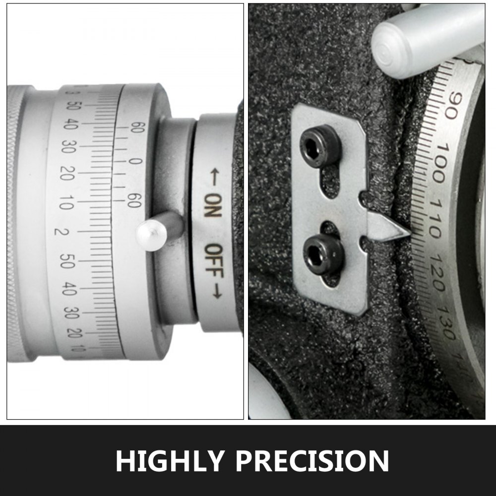 close-up of VEVOR rotary table with marked increments and precision control knob.