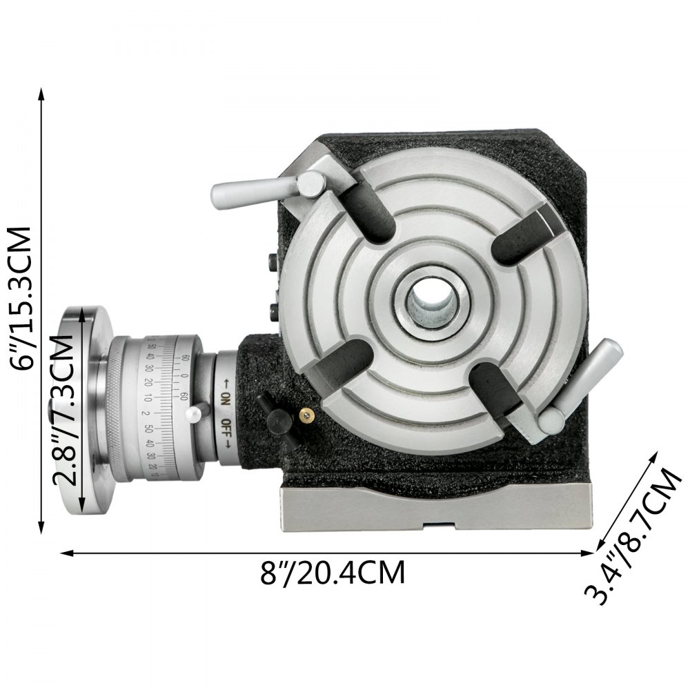 VEVOR rotary table with diameter scales and measurements in inches and centimeters.