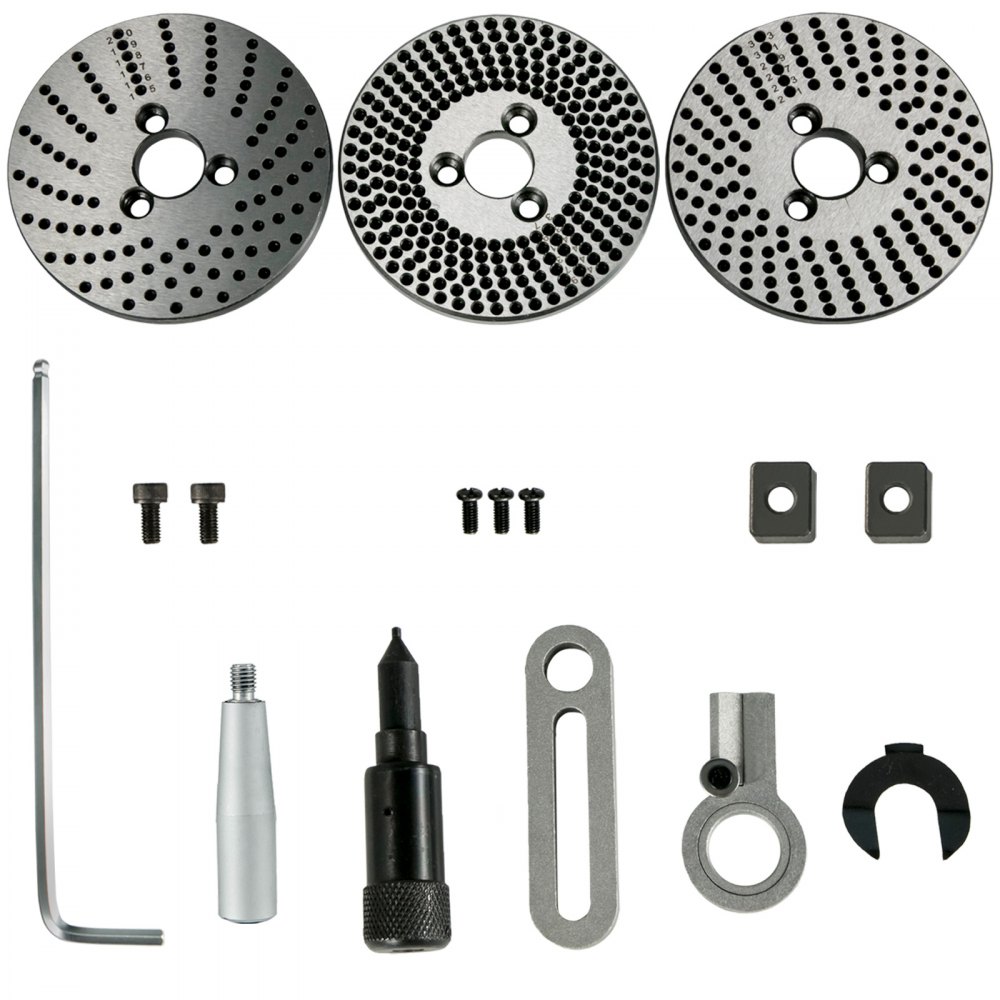 VEVOR rotary table parts with discs, screws, wrench, and mounting accessories.
