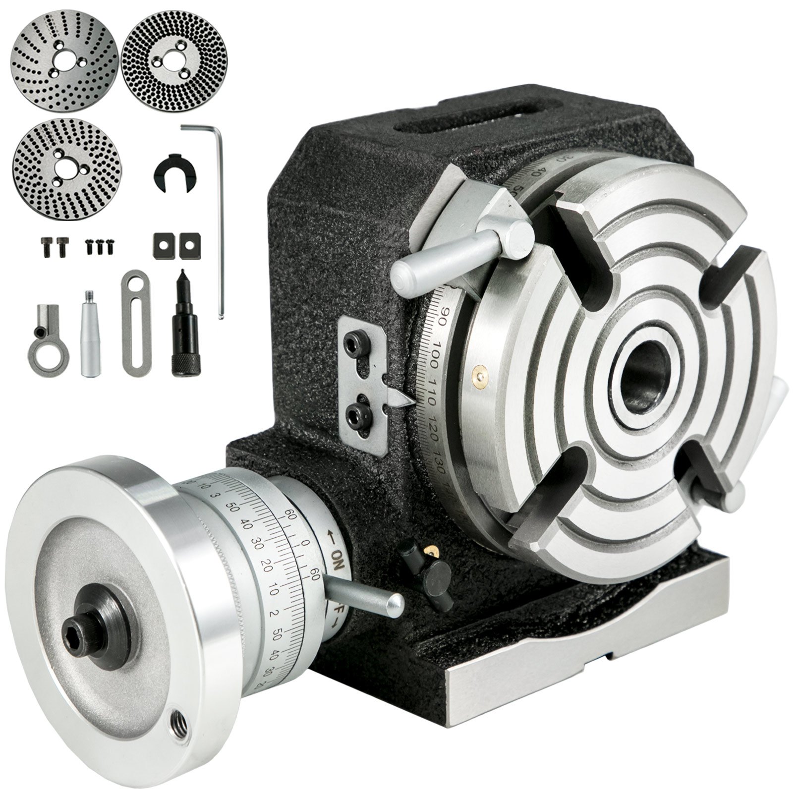 VEVOR rotary table with indexing plates and adjusting tools for precision machining.