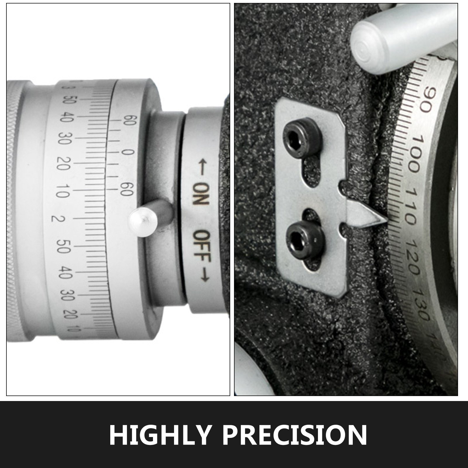 close-up of VEVOR rotary table with marked increments and precision control knob.
