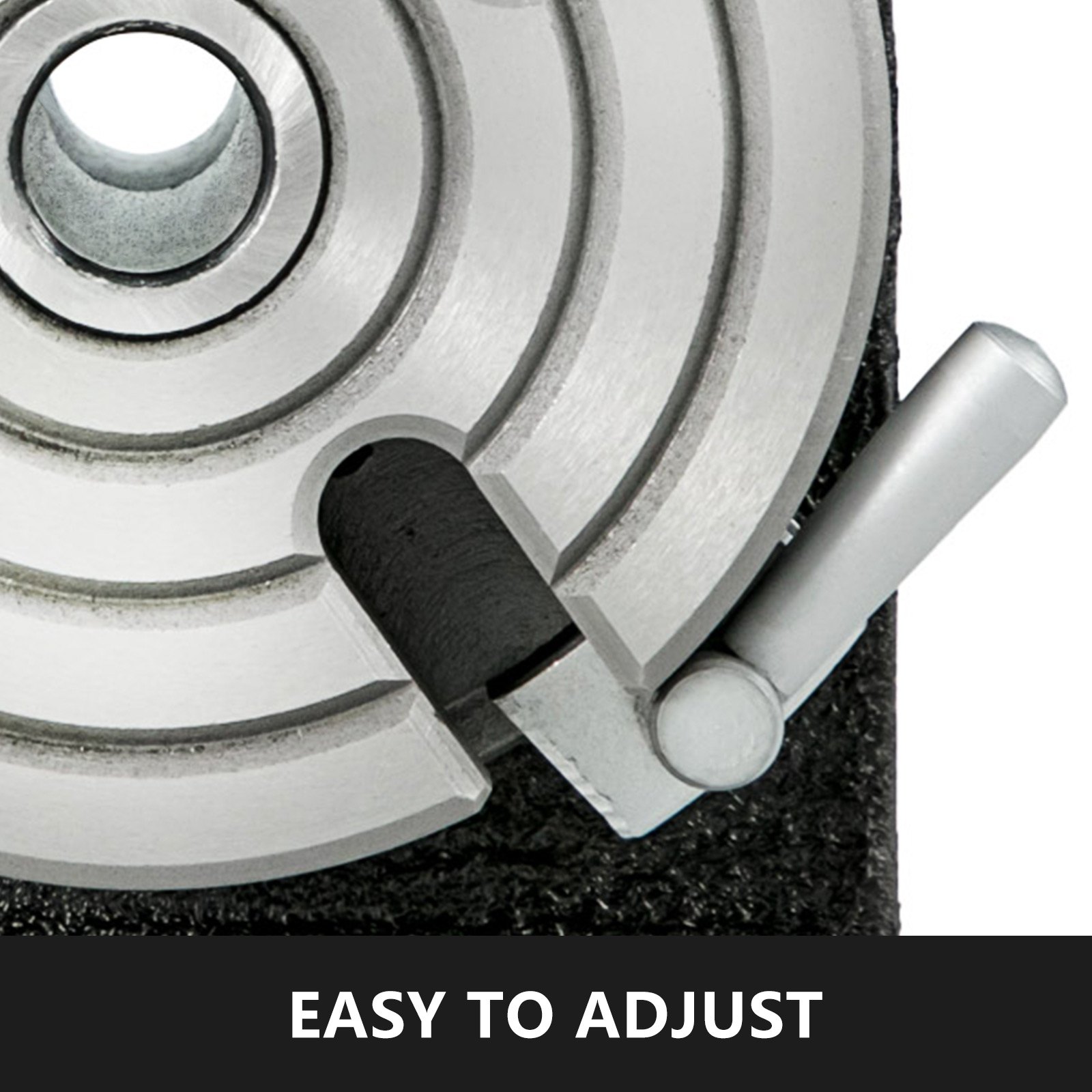 close-up of VEVOR rotary table with adjustment handle, easy to adjust.