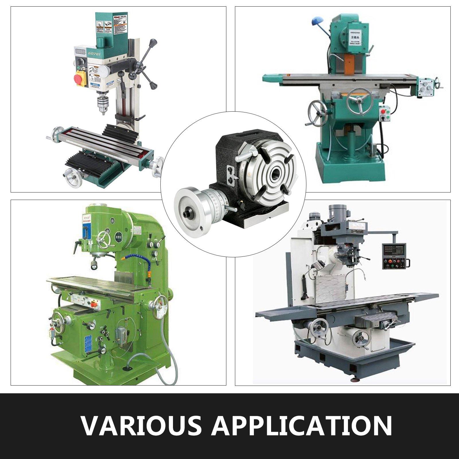 VEVOR rotary table showcased with various milling machines. numerous applications.