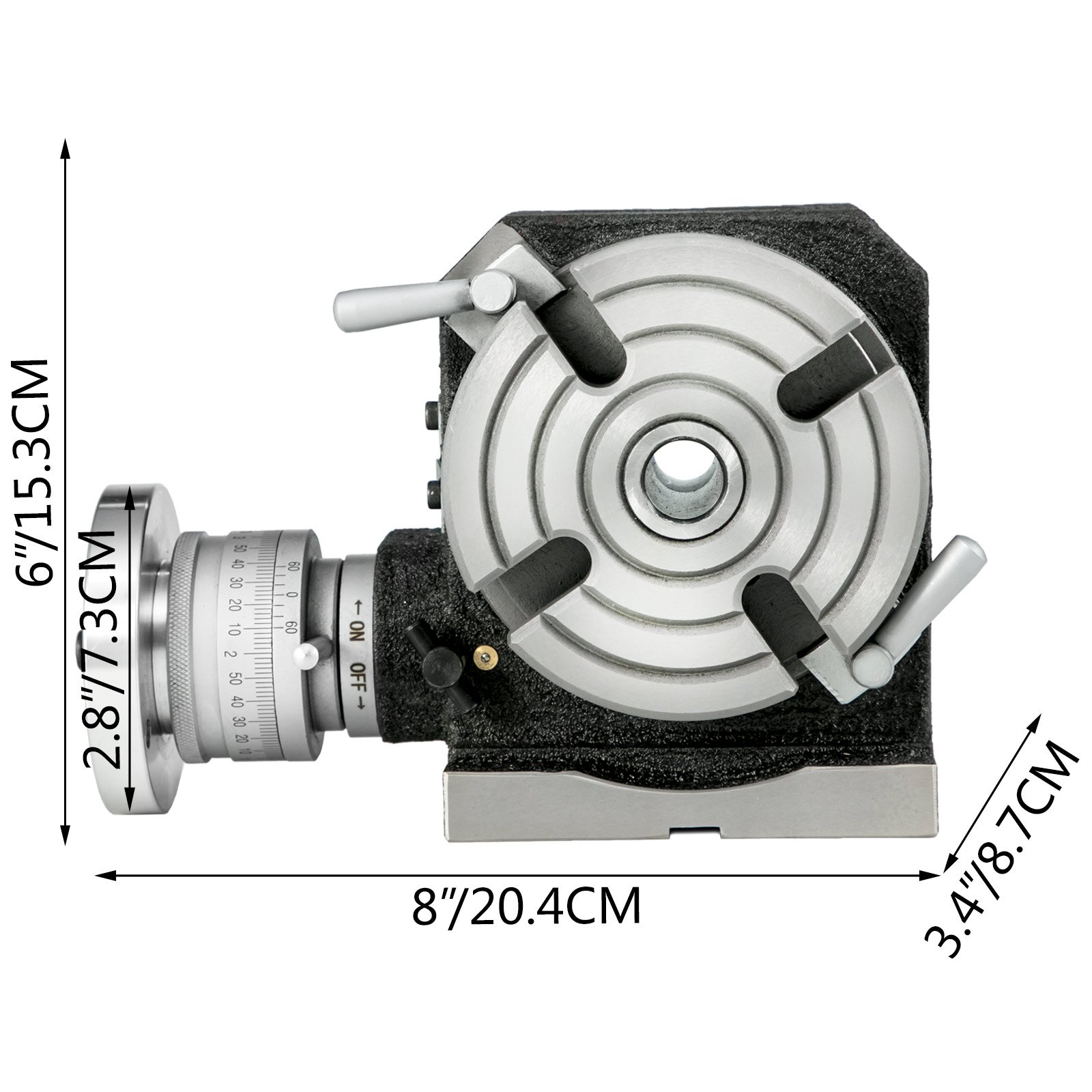 VEVOR rotary table with diameter scales and measurements in inches and centimeters.