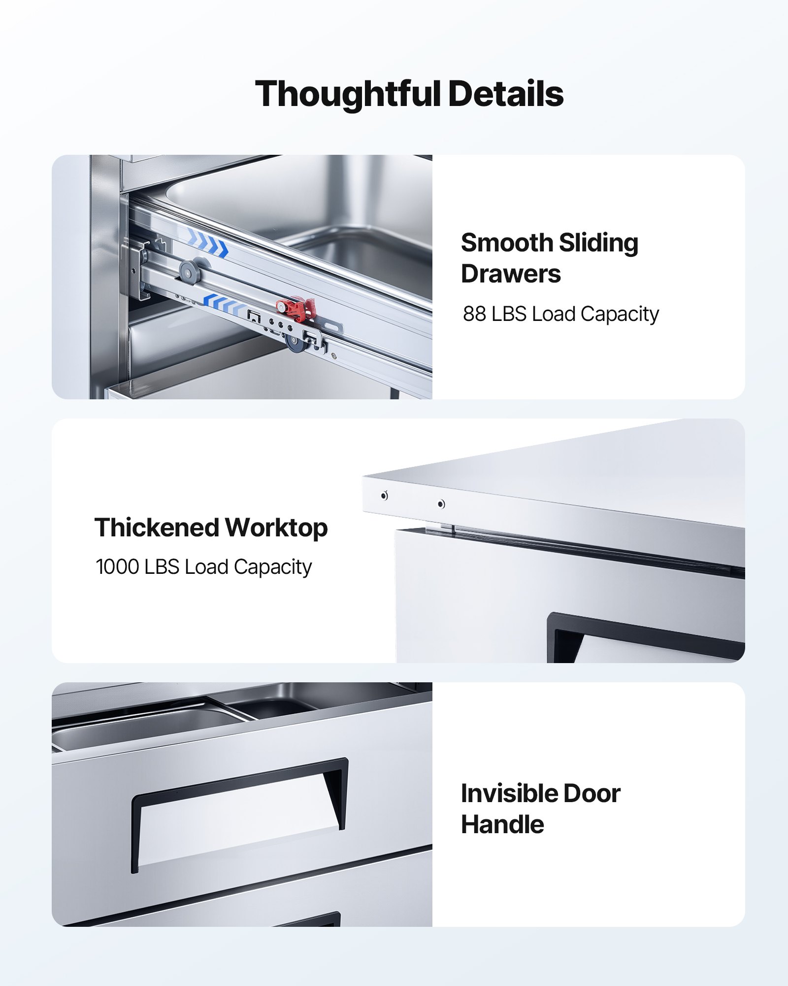 VEVOR Chef Base Refrigerator, 52" W Commercial Chef Bases Worktop Refrigerators, 2-Drawer Under Counter Fridge with 8 Pans Stainless Steel, Heavy-Duty Refrigerated Base, Invisible Door Handle