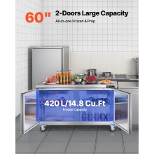 Commercial Freezer Prepration Worktable Stainless Steel 60 inch Double Door