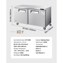 Commercial Freezer Prepration Worktable Stainless Steel 60 inch Double Door