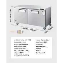 Commercial Freezer Prepration Worktable Stainless Steel 60 inch Double Door
