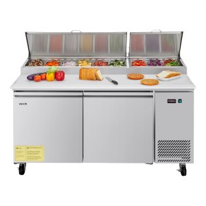 VEVOR 67″W Commercial Refrigerator, Pizza Prep Refrigerated Table, 20″ Ultra Wide Countertop Food Prep Worktable, 20.3 Cu.Ft Single Door Salad Prep Fridge, 9 Pans Pizza Make Worktop with Cutting Board | VEVOR US