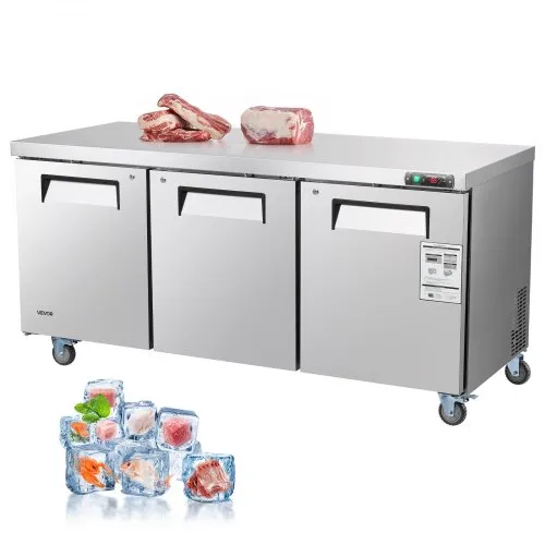 VEVOR 72" W Commercial Freezer, 17.7 Cu.Ft Worktop Freezers Undercounter with LED Auto Lighting and Lockable Door, 3 Doors Food Freezing Prep Worktable, Stainless Steel Prep Frozen Table with Casters