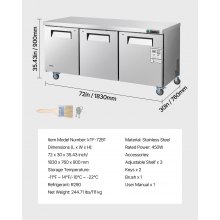 Commercial Freezer Prep Table Stainless Steel 72 inch Triple Door
