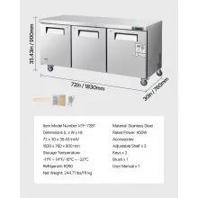 Commercial Freezer Prep Table Stainless Steel 72 inch Triple Door