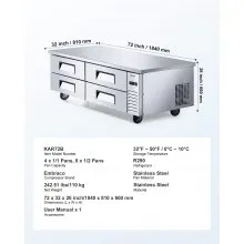 Commercial Chef Base Refrigerator Kitchen Prep Worktable 72 inch Four Drawer