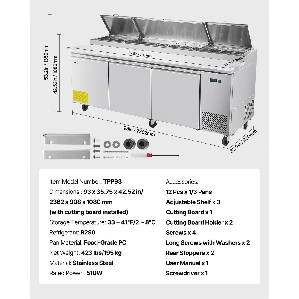 VEVOR 93"W Commercial Refrigerator, Pizza Prep Refrigerated Table, 20" Ultra Wide Countertop Food Prep Worktable, 30.8 Cu.Ft Single Door Salad Prep Fridge, 12 Pans Pizza Make Worktop with Cutting Board
