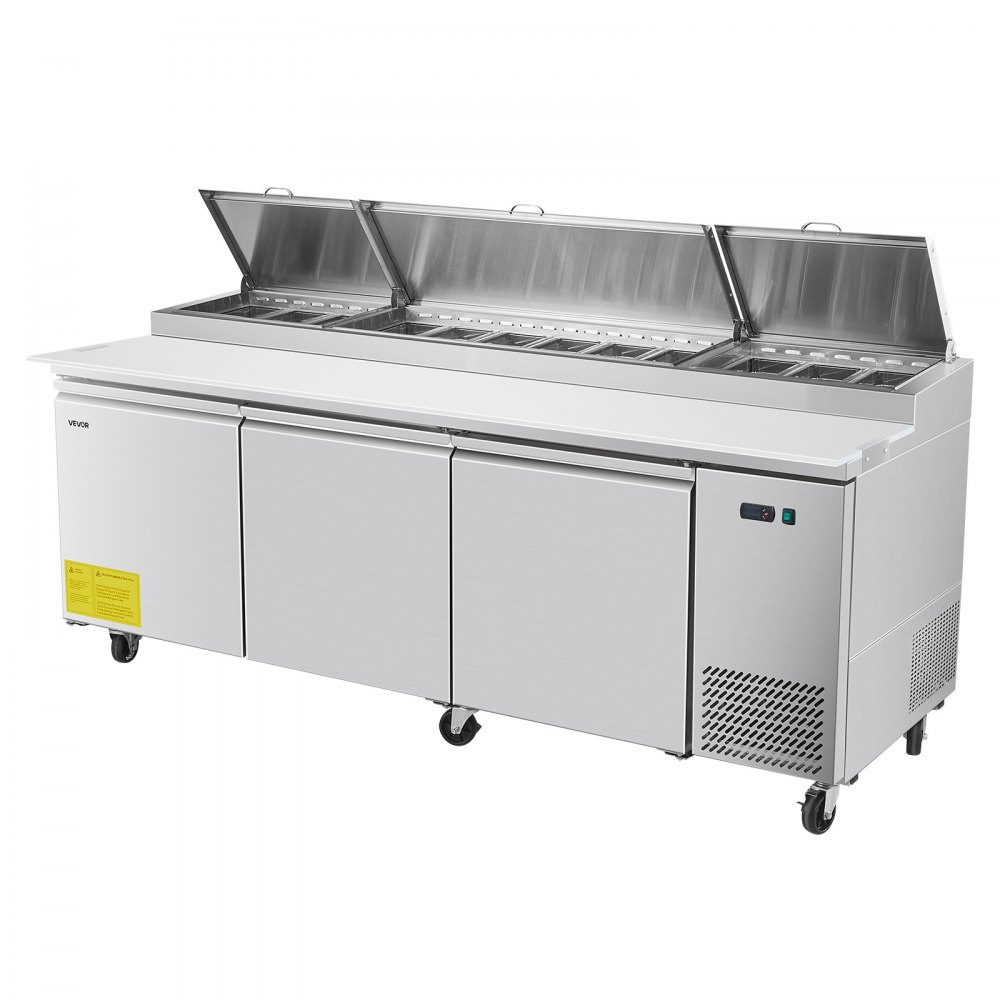 VEVOR 93"W Commercial Refrigerator, Pizza Prep Refrigerated Table, 20" Ultra Wide Countertop Food Prep Worktable, 30.8 Cu.Ft Single Door Salad Prep Fridge, 12 Pans Pizza Make Worktop with Cutting Board
