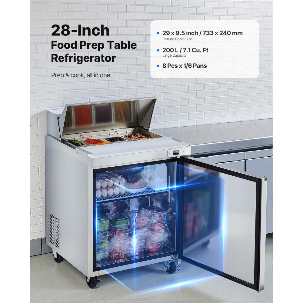 VEVOR 28"W Commercial Refrigerator, 7.1 Cu. Ft Sandwich Prep Refrigerated Table, Mega Top Food Prep Fridge with 8 Pans and Cutting Board, Stainless Steel Salad Prep Cooler for Restaurant, Food Truck