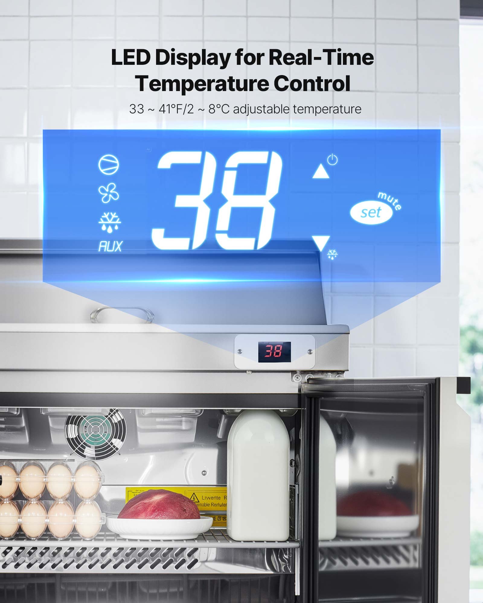 VEVOR 28"W Commercial Refrigerator, 7.1 Cu. Ft Sandwich Prep Refrigerated Table, Mega Top Food Prep Fridge with 8 Pans and Cutting Board, Stainless Steel Salad Prep Cooler for Restaurant, Food Truck