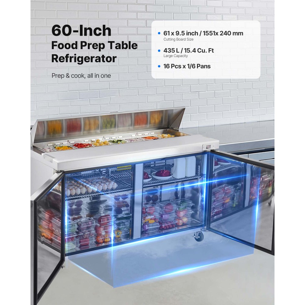 Refrigerador comercial VEVOR de 60" de ancho, mesa refrigerada para preparación de sándwiches de 15.4 pies cúbicos, refrigerador de preparación de alimentos Mega Top con 16 sartenes y tabla de cortar, refrigerador de acero inoxidable para preparación de ensaladas para restaurantes y food trucks.