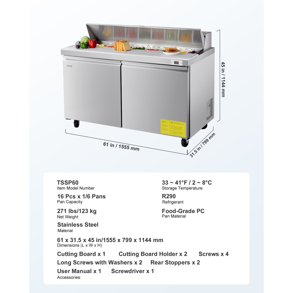 Refrigerador comercial VEVOR de 60" de ancho, mesa refrigerada para preparación de sándwiches de 15.4 pies cúbicos, refrigerador de preparación de alimentos Mega Top con 16 sartenes y tabla de cortar, refrigerador de acero inoxidable para preparación de ensaladas para restaurantes y food trucks.