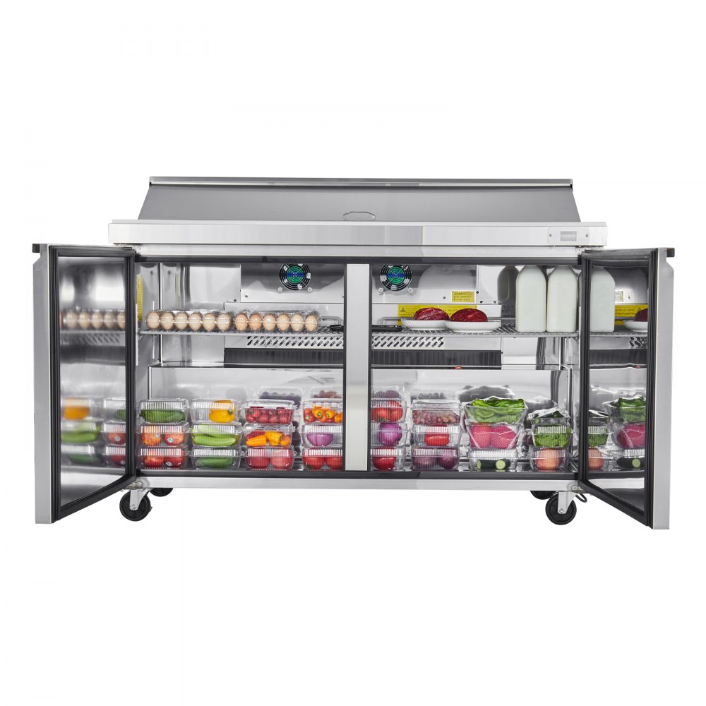 Refrigerador comercial VEVOR de 60" de ancho, mesa refrigerada para preparación de sándwiches de 15.4 pies cúbicos, refrigerador de preparación de alimentos Mega Top con 16 sartenes y tabla de cortar, refrigerador de acero inoxidable para preparación de ensaladas para restaurantes y food trucks.