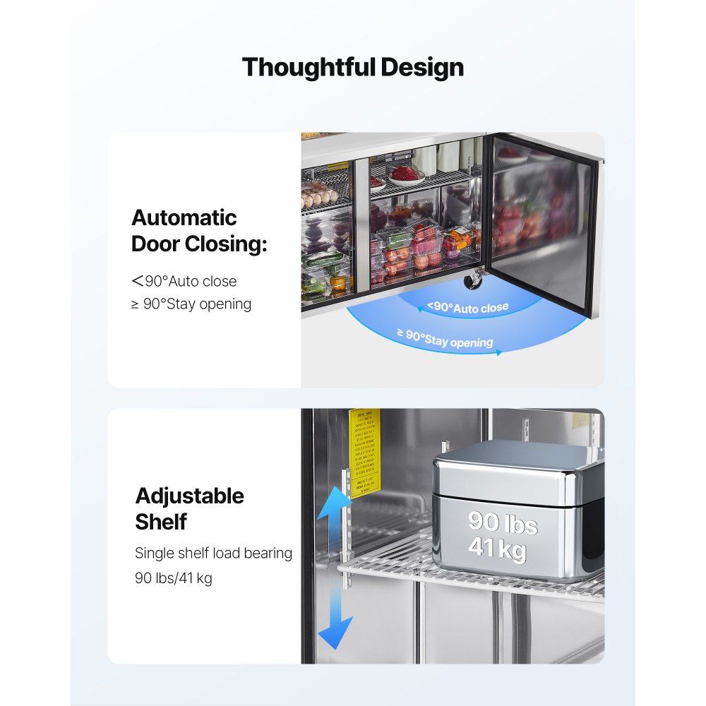 VEVOR 60"W Commercial Refrigerator, 15.4 Cu. Ft Sandwich Prep Refrigerated Table, Mega Top Food Prep Fridge with 24 Pans and Cutting Board, Stainless Steel Salad Prep Cooler for Restaurant, Food Truck