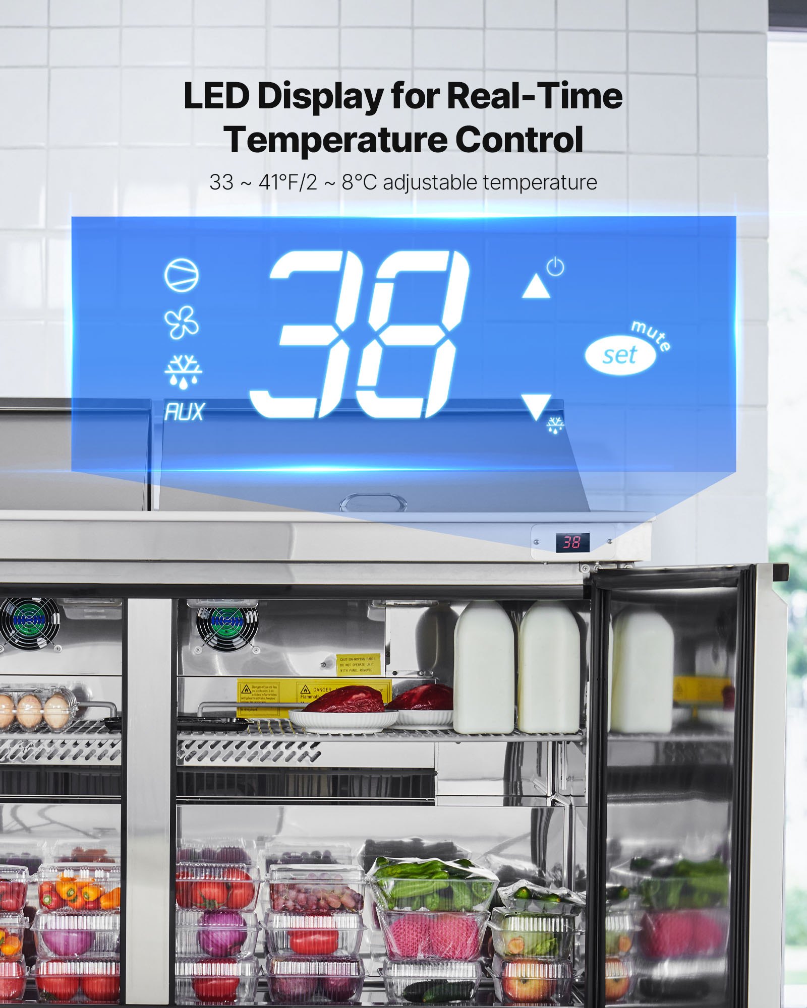 VEVOR 60"W Commercial Refrigerator, 15.4 Cu. Ft Sandwich Prep Refrigerated Table, Mega Top Food Prep Fridge with 24 Pans and Cutting Board, Stainless Steel Salad Prep Cooler for Restaurant, Food Truck