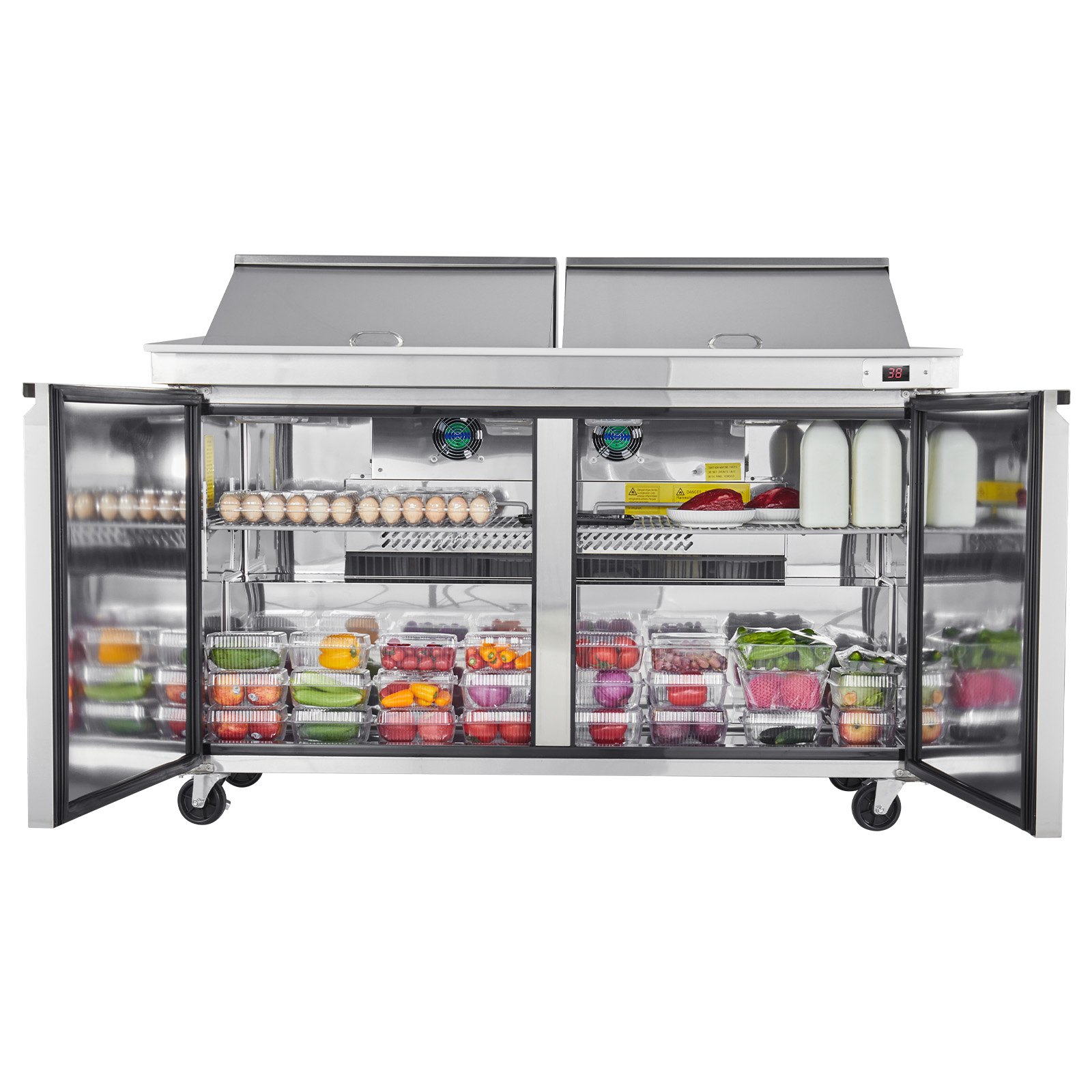 VEVOR 60"W Commercial Refrigerator, 15.4 Cu. Ft Sandwich Prep Refrigerated Table, Mega Top Food Prep Fridge with 24 Pans and Cutting Board, Stainless Steel Salad Prep Cooler for Restaurant, Food Truck