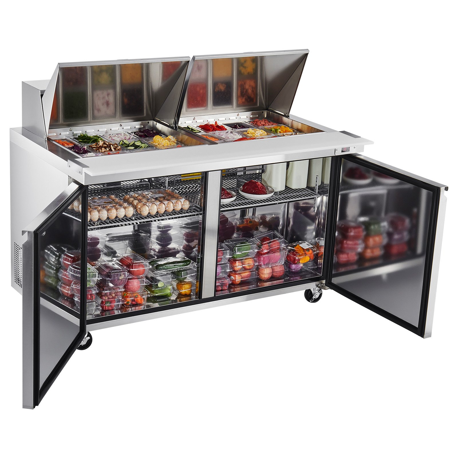VEVOR 60"W Commercial Refrigerator, 15.4 Cu. Ft Sandwich Prep Refrigerated Table, Mega Top Food Prep Fridge with 24 Pans and Cutting Board, Stainless Steel Salad Prep Cooler for Restaurant, Food Truck