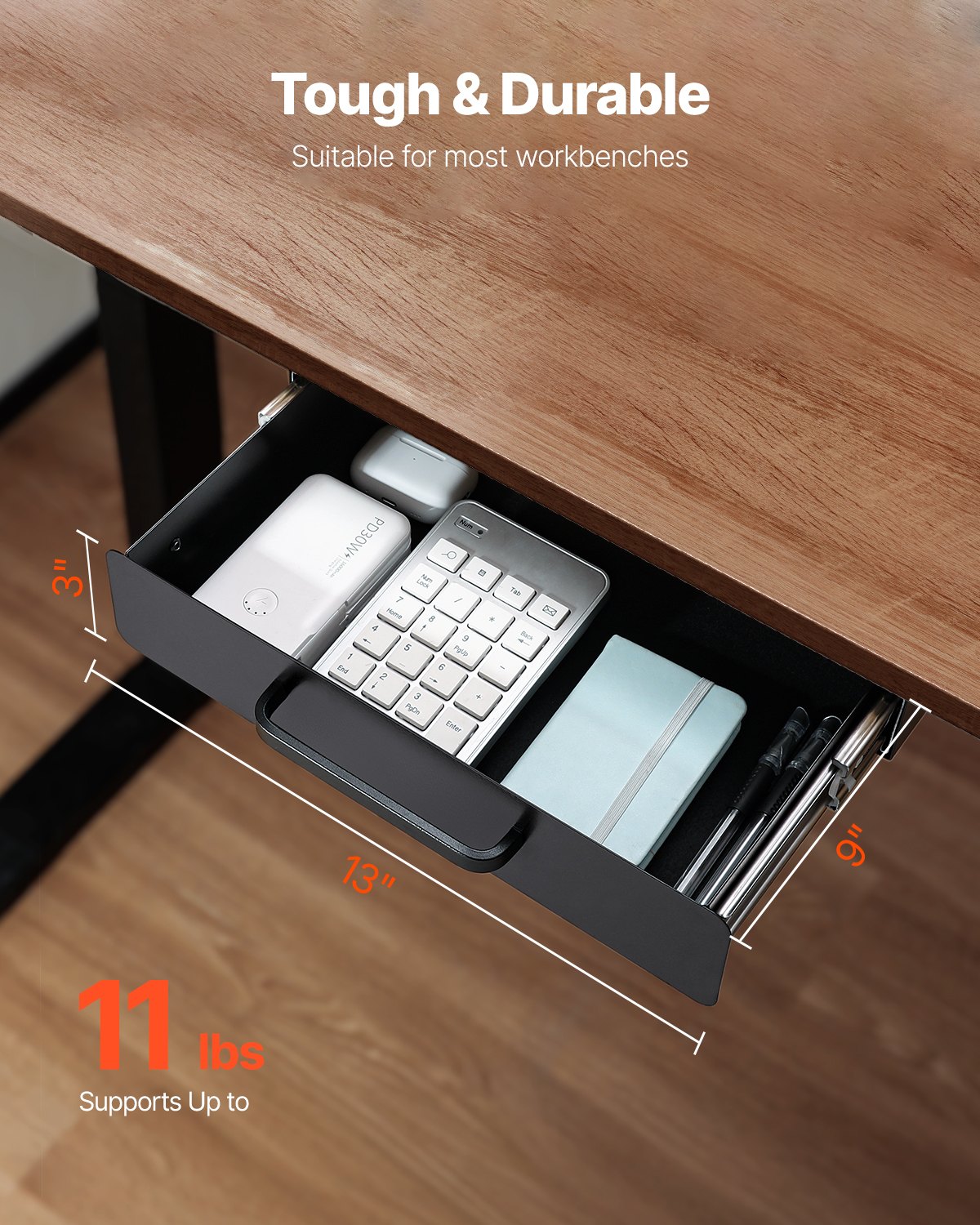 VEVOR 33 cm Under Skrivbord Låda Organizer Utdragbar låda Space Saver Hemmakontor