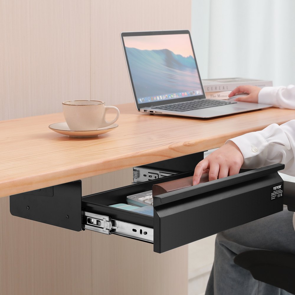 VEVOR 16" Wide Under Desk Drawer Slide Out, Under Desk Mounted Pull-out Drawer Attachment, Hidden Desktop Storage Organizer, Under Table Pencil Drawer for office Home Sit Stand Workstation, 17x9x4 in