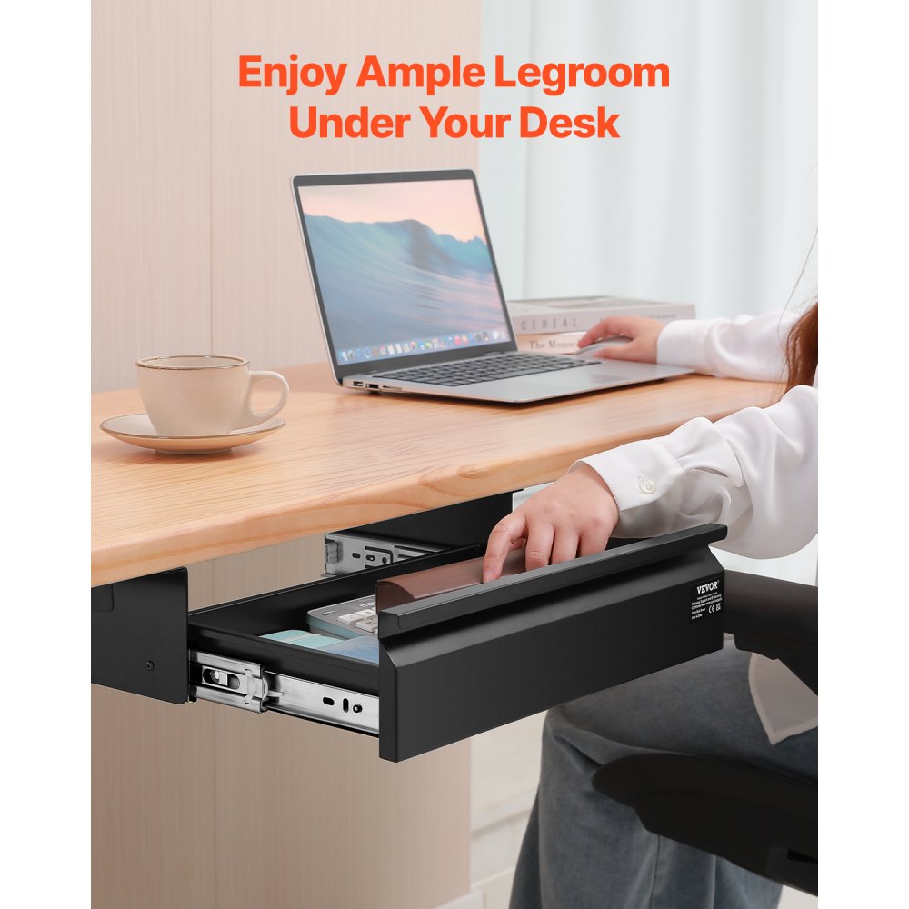 VEVOR 16" Wide Under Desk Drawer Slide Out, Under Desk Mounted Pull-out Drawer Attachment, Hidden Desktop Storage Organizer, Under Table Pencil Drawer for office Home Sit Stand Workstation, 17x9x4 in