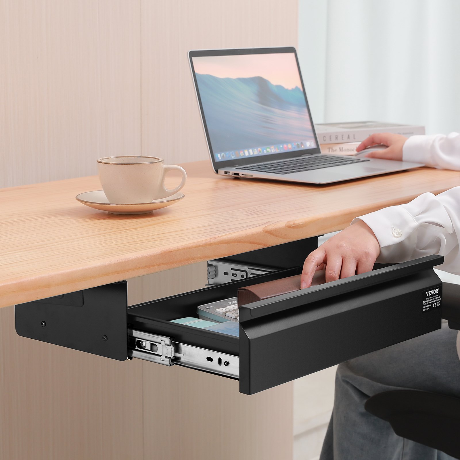 VEVOR 16" Wide Under Desk Drawer Slide Out, Under Desk Mounted Pull-out Drawer Attachment, Hidden Desktop Storage Organizer, Under Table Pencil Drawer for office Home Sit Stand Workstation, 17x9x4 in