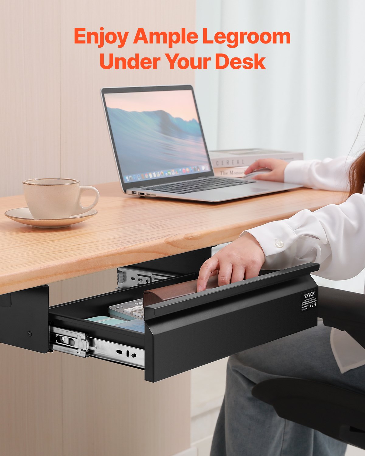 VEVOR 16" Wide Under Desk Drawer Slide Out, Under Desk Mounted Pull-out Drawer Attachment, Hidden Desktop Storage Organizer, Under Table Pencil Drawer for office Home Sit Stand Workstation, 17x9x4 in