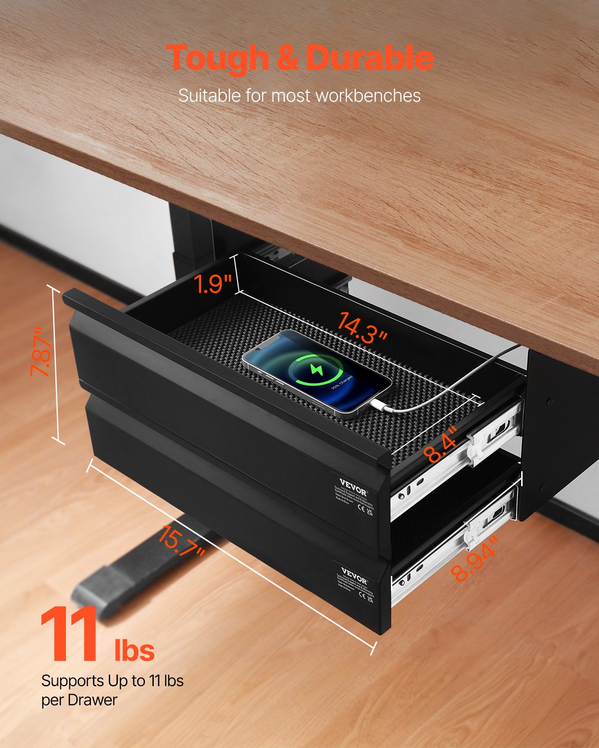 VEVOR 2 Drawer 40 cm Under Desk Drawer Organizer Slide-out Drawer Space Saver