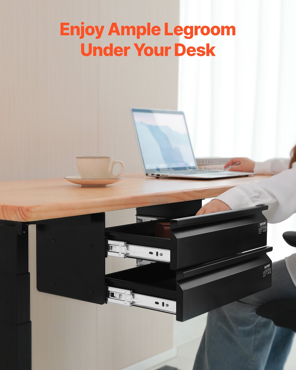 VEVOR 16" Wide Under Desk Drawer Slide Out, Under Desk Mounted Pull-out Drawer Attachment, Hidden Desktop 2 Layer Storage Organizer, Under Table Pencil Drawer for Home Sit Stand Workstation, 18x9x8 in