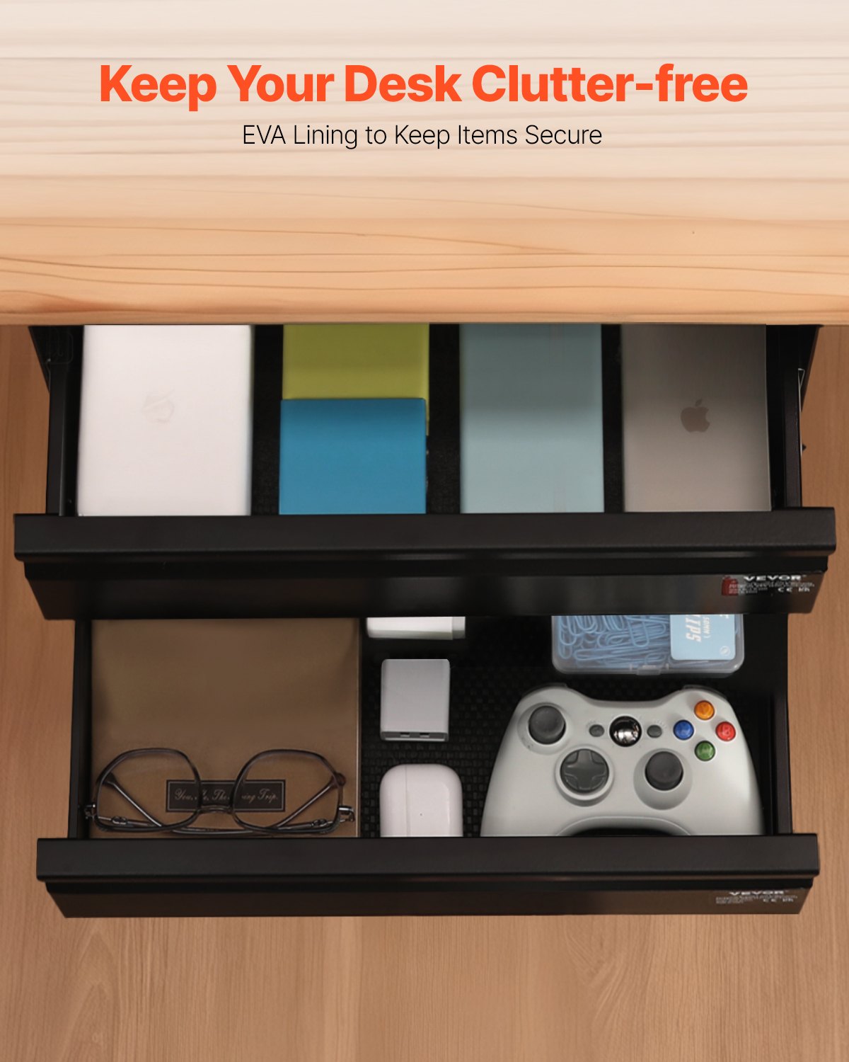 VEVOR 16" Wide Under Desk Drawer Slide Out, Under Desk Mounted Pull-out Drawer Attachment, Hidden Desktop 2 Layer Storage Organizer, Under Table Pencil Drawer for Home Sit Stand Workstation, 18x9x8 in