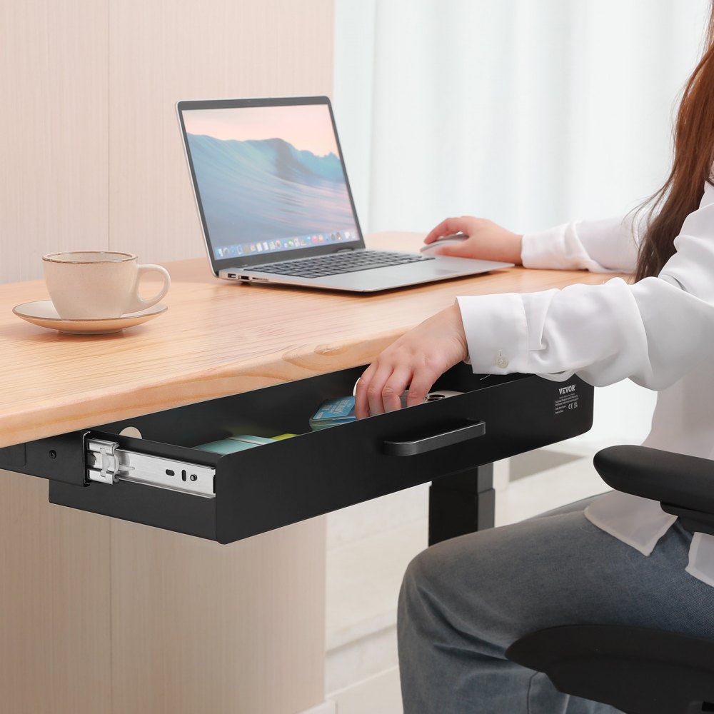 VEVOR 22" Wide Under Desk Drawer Slide Out, Under Desk Mounted Pull-out Drawer Attachment, Hidden Desktop Storage Organizer, Under Table Pencil Drawer for office Home Sit Stand Workstation, 25x9x3 in