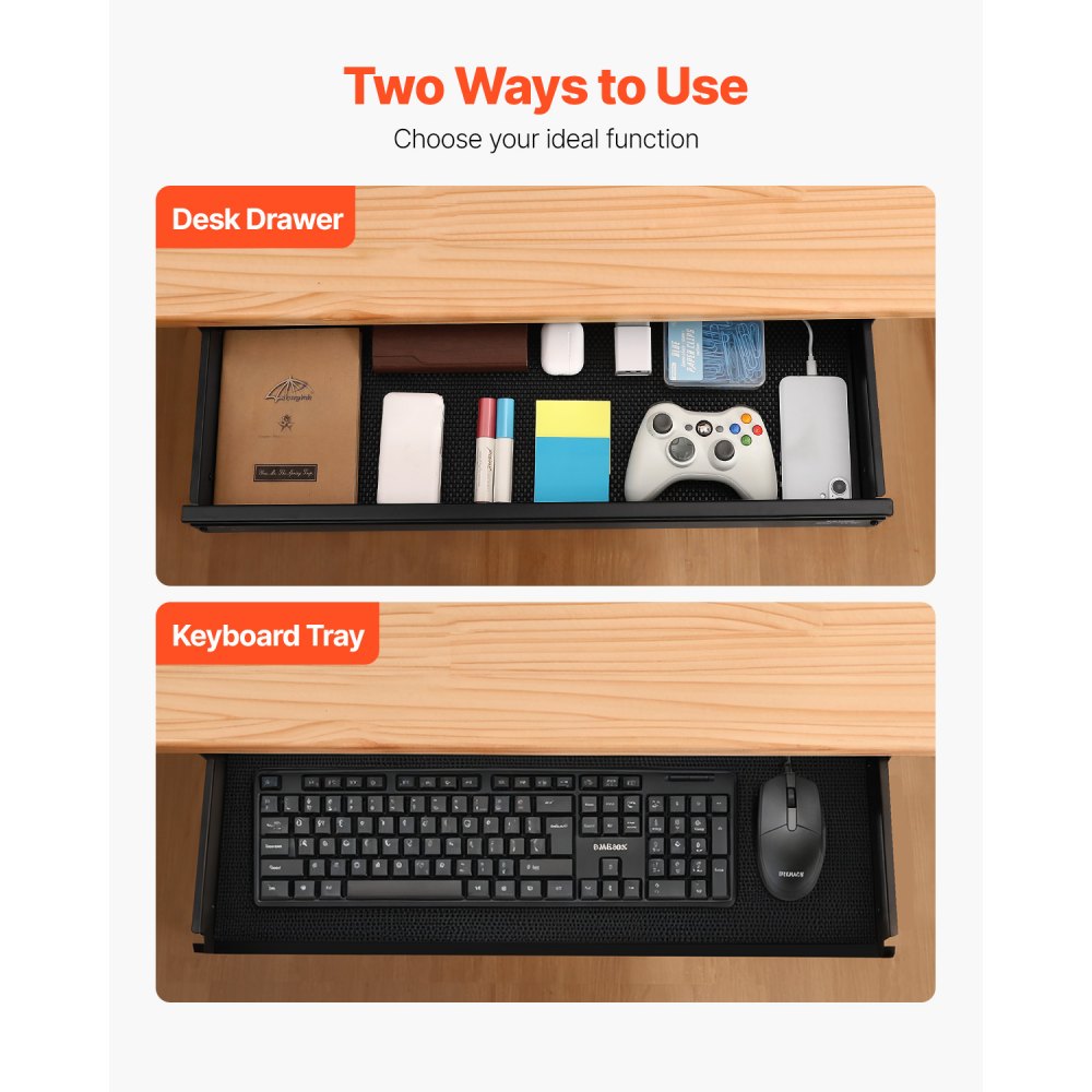 VEVOR 26" Wide Under Desk Drawer Slide Out, Under Desk Mounted Pull-out Drawer Attachment, Hidden Desktop Storage Organizer, Under Table Pencil Drawer for office Home Sit Stand Workstation, 29x9x4 in