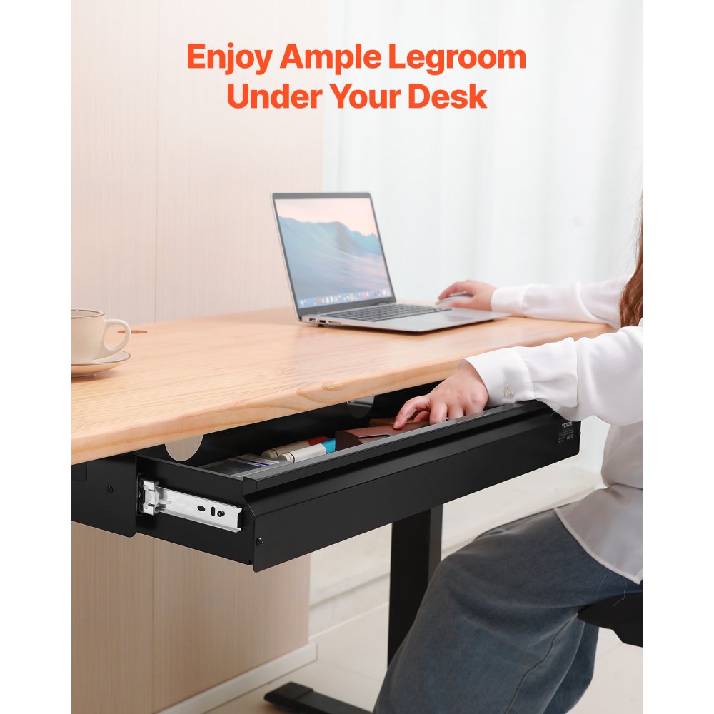 VEVOR 33" Wide Under Desk Drawer Slide Out, Under Desk Mounted Pull-out Drawer Attachment, Hidden Desktop Storage Organizer, Under Table Pencil Drawer for office Home Sit Stand Workstation, 33x9x4 in