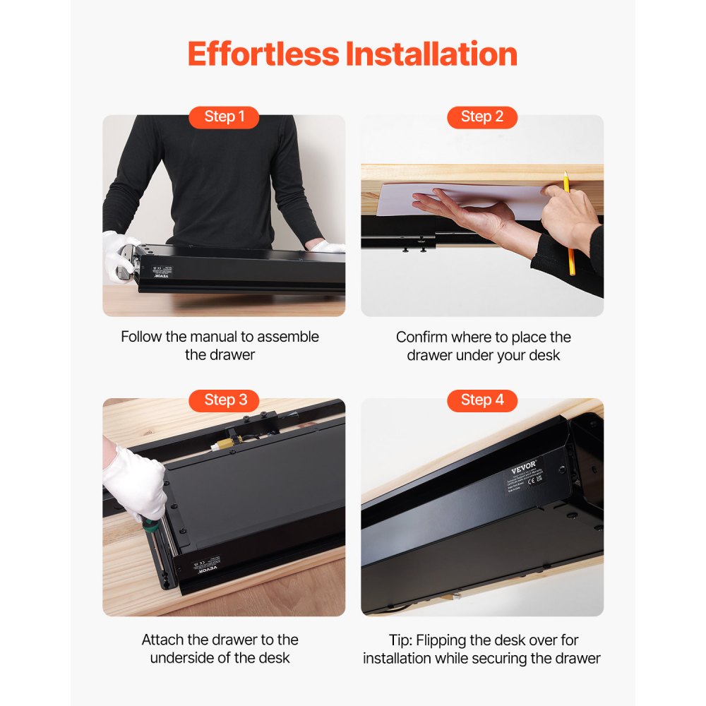 VEVOR 33" Wide Under Desk Drawer Slide Out, Under Desk Mounted Pull-out Drawer Attachment, Hidden Desktop Storage Organizer, Under Table Pencil Drawer for office Home Sit Stand Workstation, 33x9x4 in