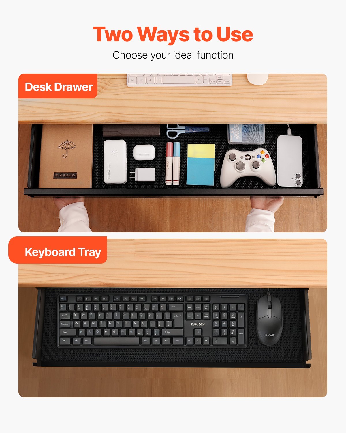 VEVOR 33" Wide Under Desk Drawer Slide Out, Under Desk Mounted Pull-out Drawer Attachment, Hidden Desktop Storage Organizer, Under Table Pencil Drawer for office Home Sit Stand Workstation, 33x9x4 in