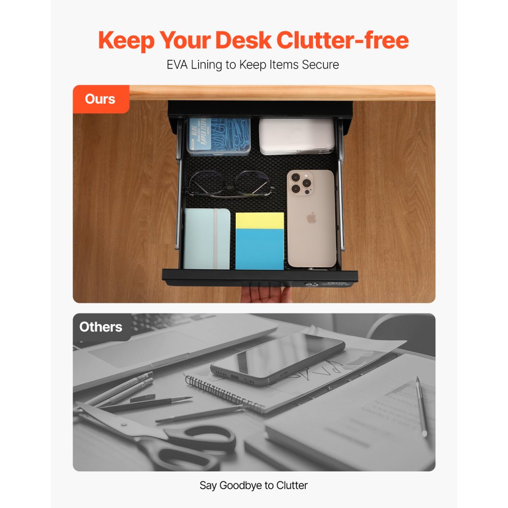 VEVOR 13" Wide Under Desk Drawer Slide Out, Under Desk Mounted Pull-out Drawer Attachment, Hidden Desktop Storage Organizer, Lockable Under Table Pencil Drawer for Sit Stand Workstation, 14x13x7 in