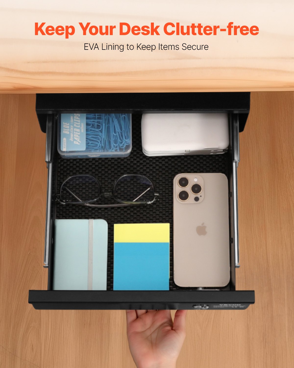 VEVOR 13" Wide Under Desk Drawer Slide Out, Under Desk Mounted Pull-out Drawer Attachment, Hidden Desktop Storage Organizer, Lockable Under Table Pencil Drawer for Sit Stand Workstation, 14x13x7 in